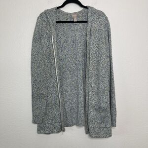 Chicos Sweater Jacket 3 XL Zip Cardigan Knit Blue Green Hooded Mid Length Pocket